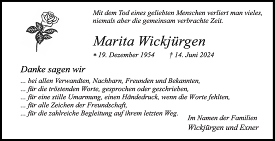 Traueranzeige von Marita Wickjürgen von Die Glocke