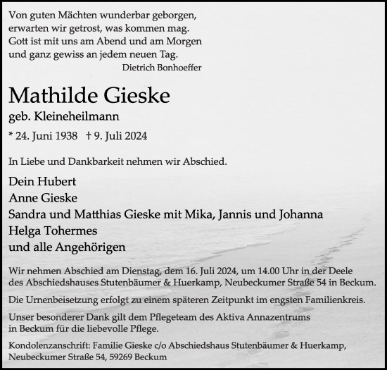 Traueranzeige von Mathilde Gieske von Die Glocke
