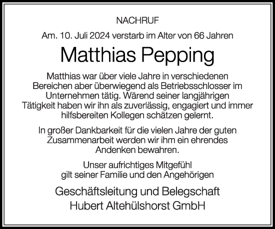 Traueranzeige von Matthias Pepping von Die Glocke