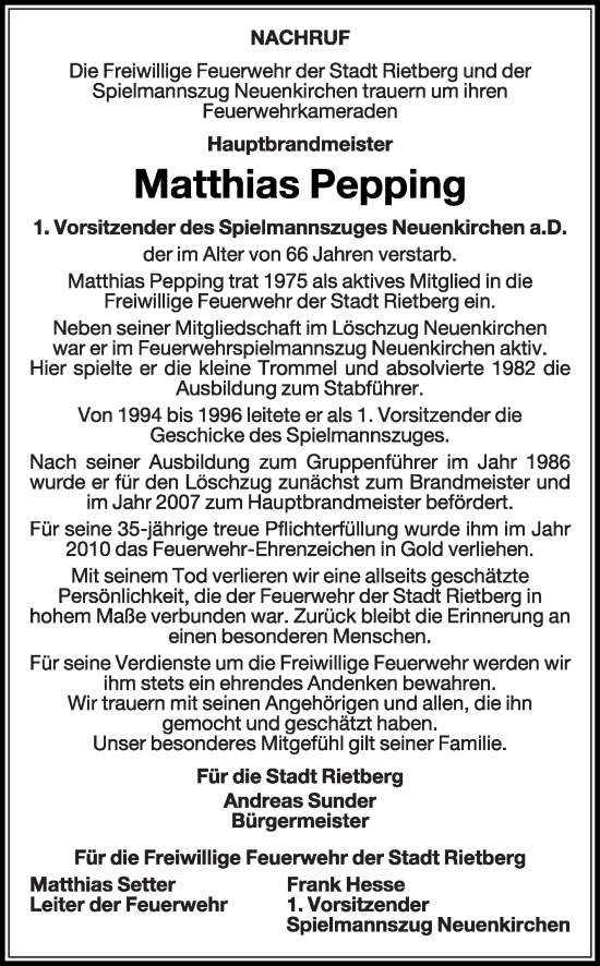 Traueranzeige von Matthias Pepping von Die Glocke