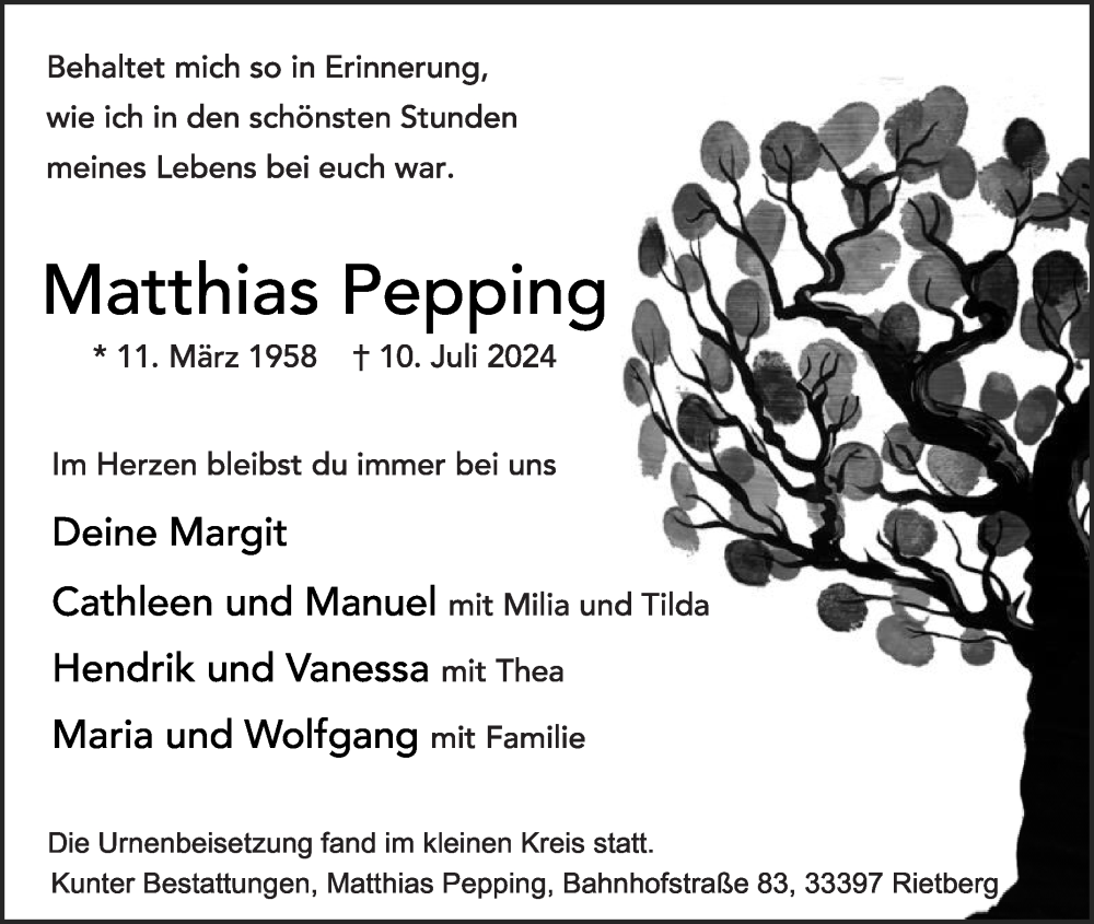  Traueranzeige für Matthias Pepping vom 20.07.2024 aus Die Glocke