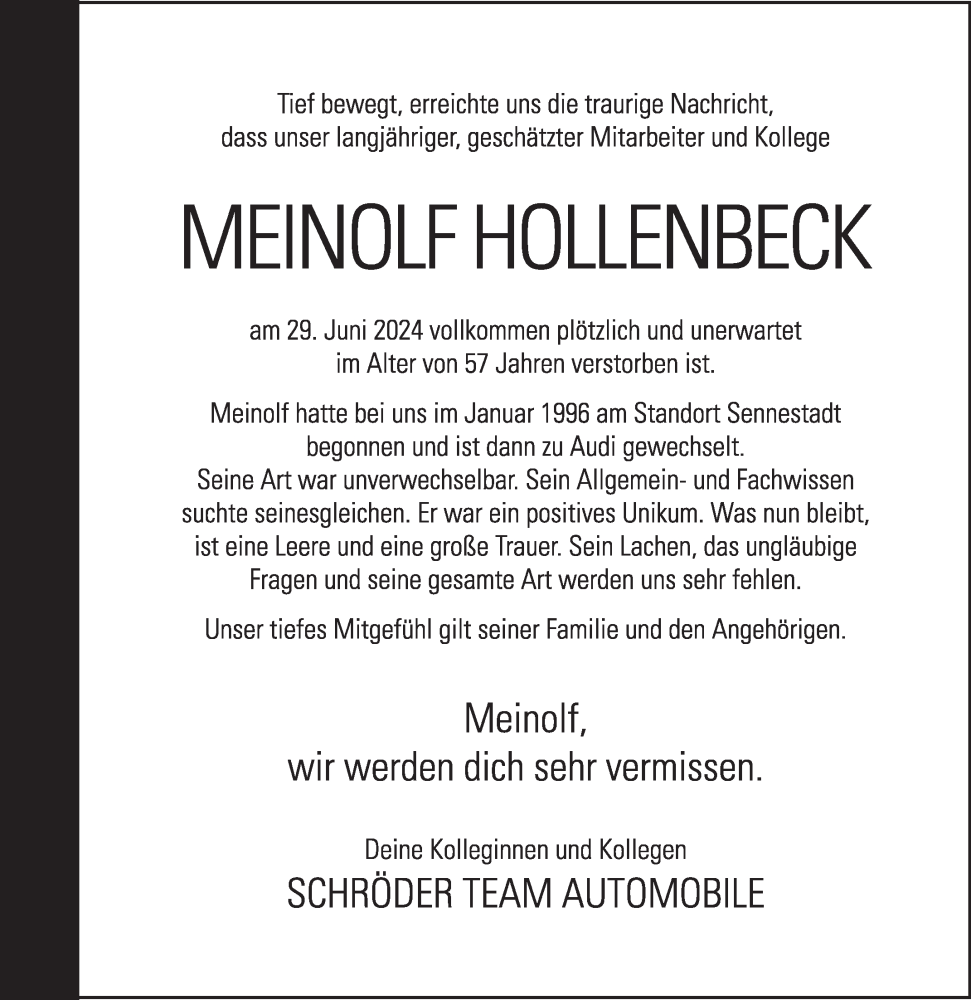  Traueranzeige für Meinolf Hollenbeck vom 06.07.2024 aus Die Glocke