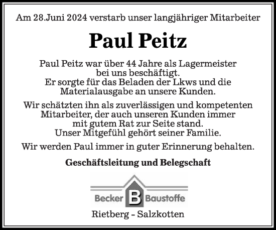 Traueranzeige von Paul Peitz von Die Glocke