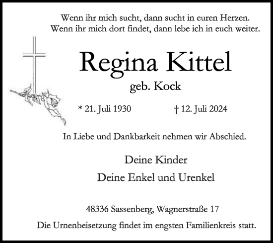 Traueranzeige von Regina Kittel von Die Glocke