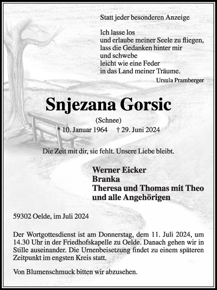  Traueranzeige für Snjezana Gorsic vom 06.07.2024 aus Die Glocke