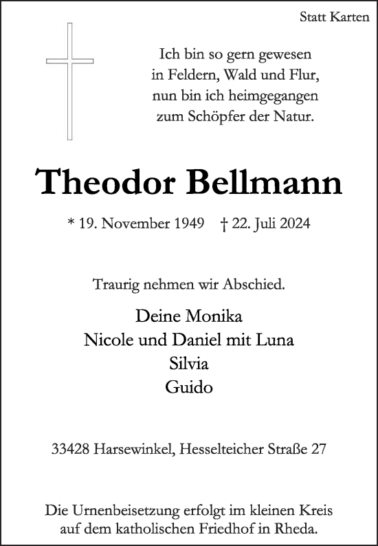 Traueranzeige von Theodor Bellmann von Die Glocke
