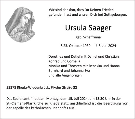 Traueranzeige von Ursula Saager von Die Glocke