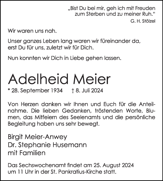 Traueranzeige von Adelheid Meier von Die Glocke