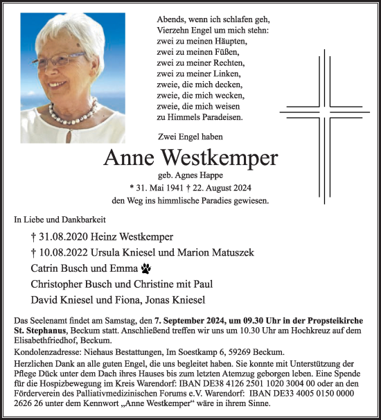 Traueranzeige von Anne Westkemper von Die Glocke