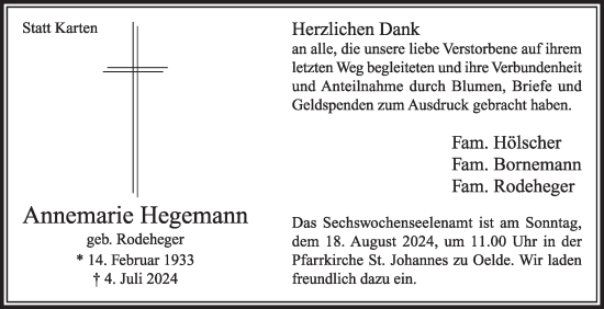 Traueranzeige von Annemarie Hegemann von Die Glocke