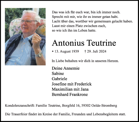 Traueranzeige von Antonius Teutrine von Die Glocke