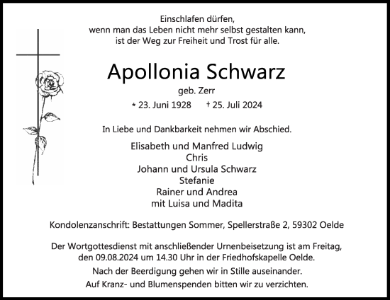 Traueranzeige von Apollonia Schwarz von Die Glocke