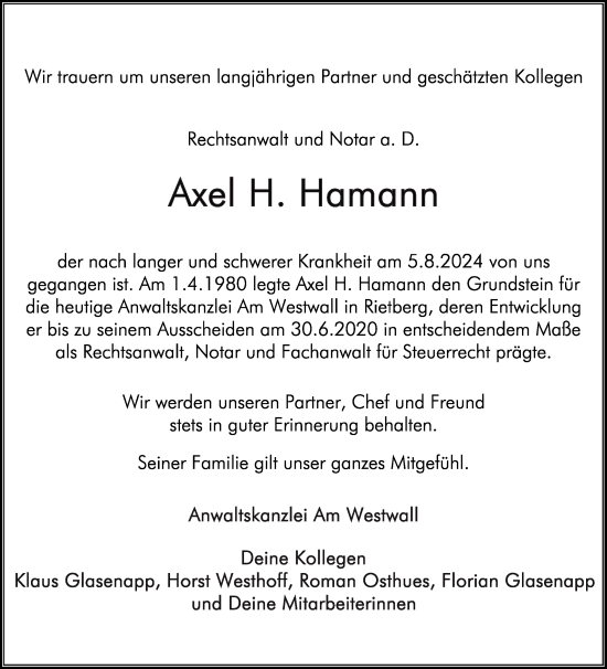 Traueranzeige von Axel H. Hamann von Die Glocke