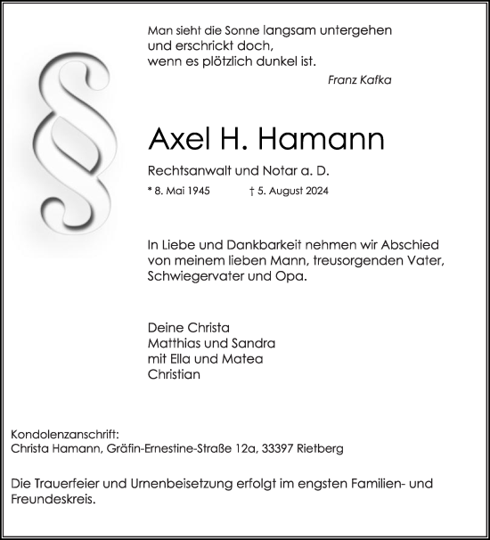 Traueranzeige von Axel H. Hamann von Die Glocke