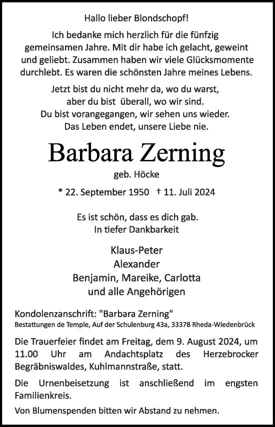 Traueranzeige von Barbara Zerning von Die Glocke