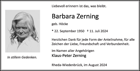 Traueranzeige von Barbara Zerning von Die Glocke