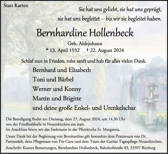 Traueranzeige von Bernhardine Hollenbeck von Die Glocke