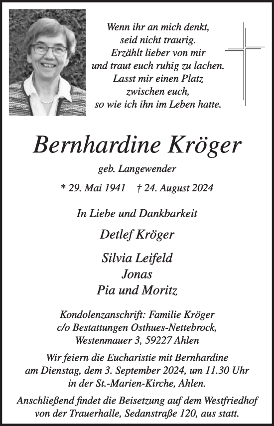 Traueranzeige von Bernhardine Kröger von Die Glocke