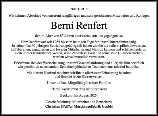 Traueranzeige von Berni Renfert von Die Glocke