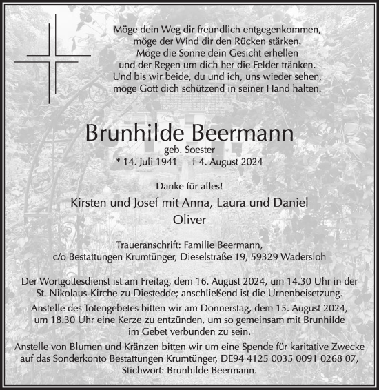 Traueranzeige von Brunhilde Beermann von Die Glocke