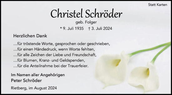 Traueranzeige von Christel Schröder von Die Glocke