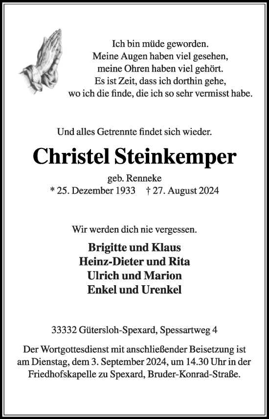 Traueranzeige von Christel Steinkemper von Die Glocke