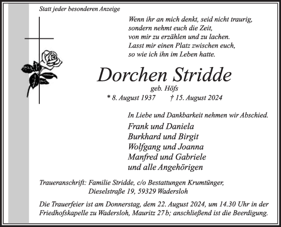 Traueranzeige von Dorchen Stridde von Die Glocke
