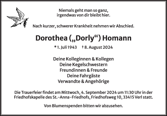 Traueranzeige von Dorothea Homann von Die Glocke