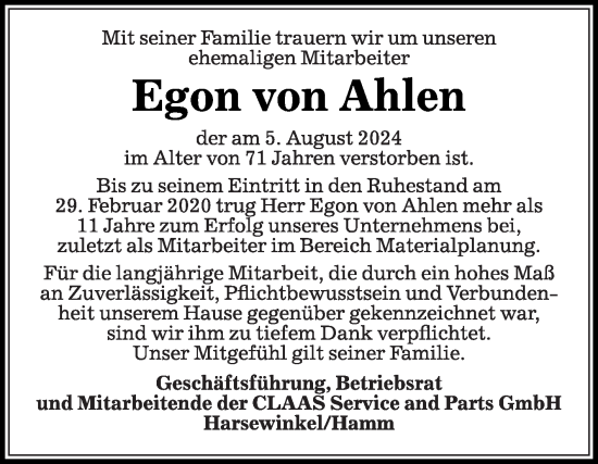 Traueranzeige von Egon von Ahlen von Die Glocke