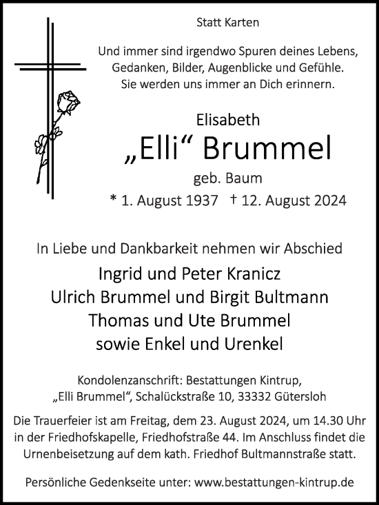 Traueranzeige von Elisabeth Brummel von Die Glocke