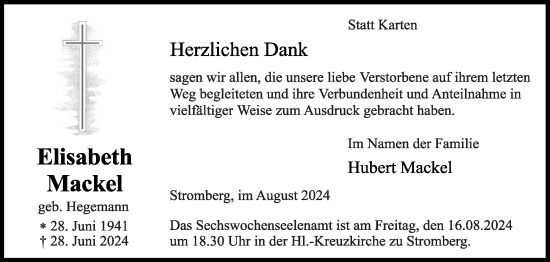 Traueranzeige von Elisabeth Mackel von Die Glocke