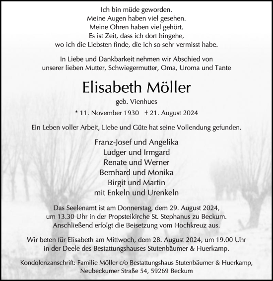 Traueranzeige von Elisabeth Möller von Die Glocke