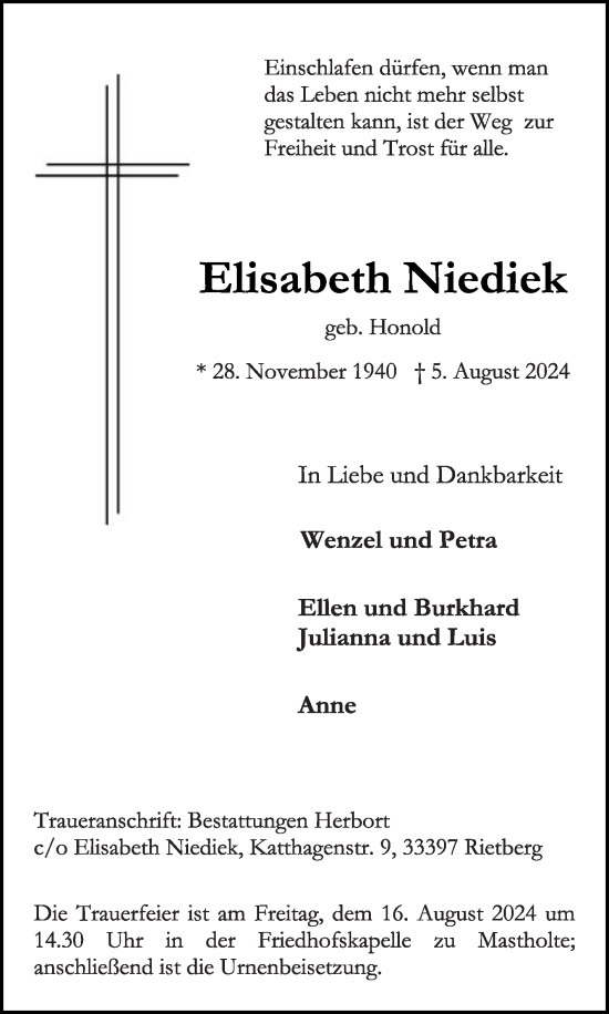 Traueranzeige von Elisabeth Niediek von Die Glocke