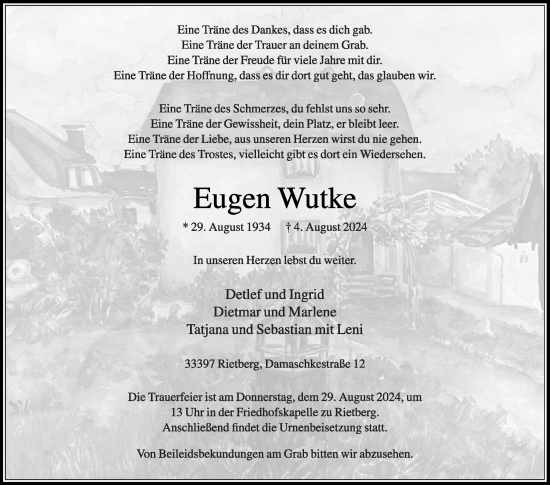 Traueranzeige von Eugen Wutke von Die Glocke