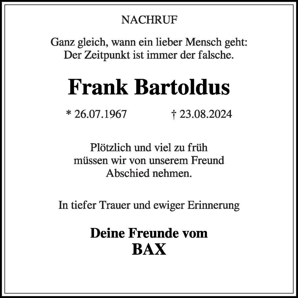  Traueranzeige für Frank Bartoldus vom 28.08.2024 aus Die Glocke