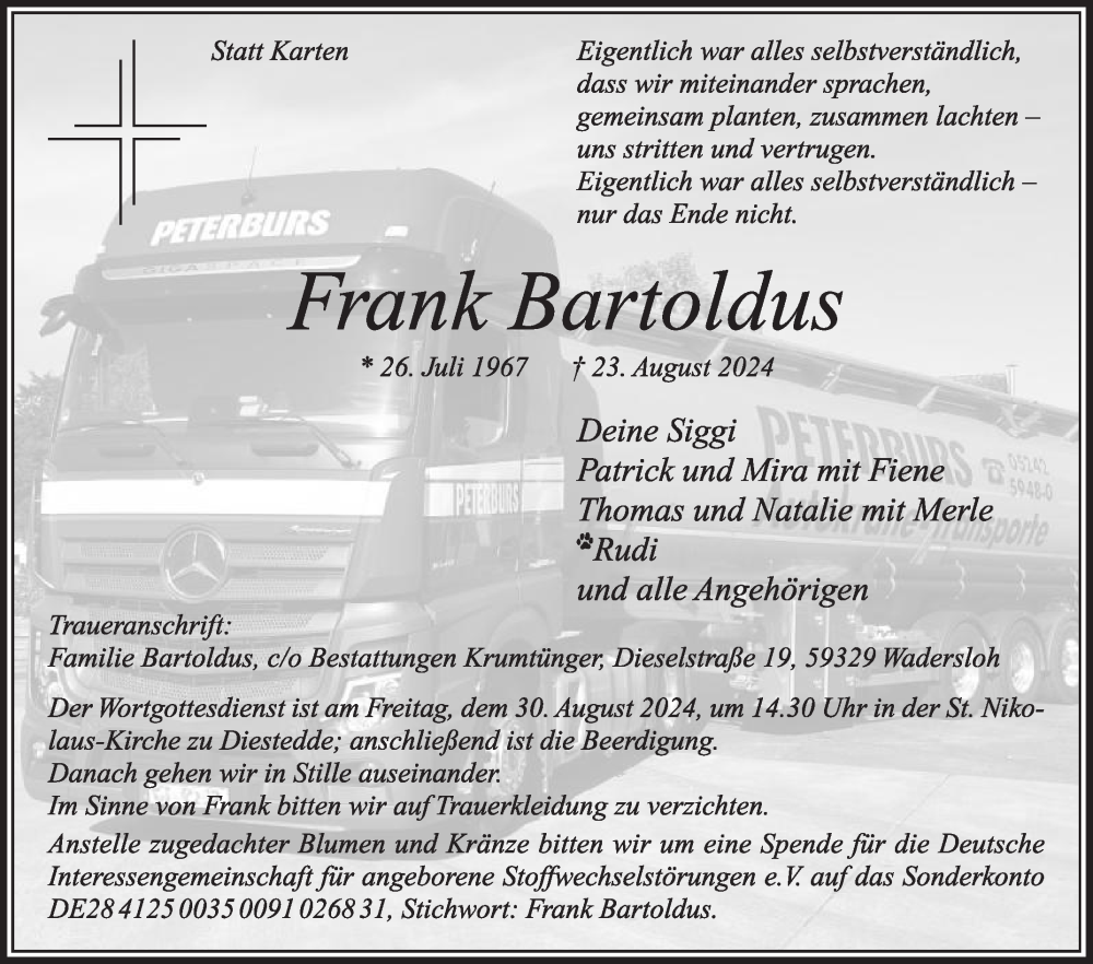  Traueranzeige für Frank Bartoldus vom 28.08.2024 aus Die Glocke