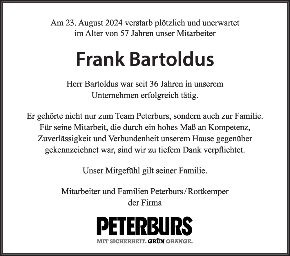  Traueranzeige für Frank Bartoldus vom 28.08.2024 aus Die Glocke