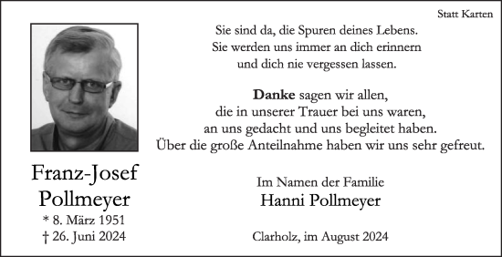 Traueranzeige von Franz-Josef Pollmeyer von Die Glocke