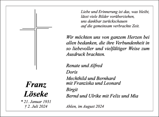 Traueranzeige von Franz Löseke von Die Glocke