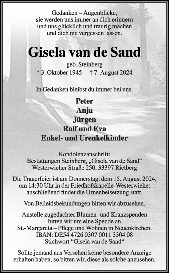 Traueranzeige von Gisela van de Sand von Die Glocke