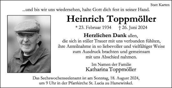 Traueranzeige von Heinrich Toppmöller von Die Glocke