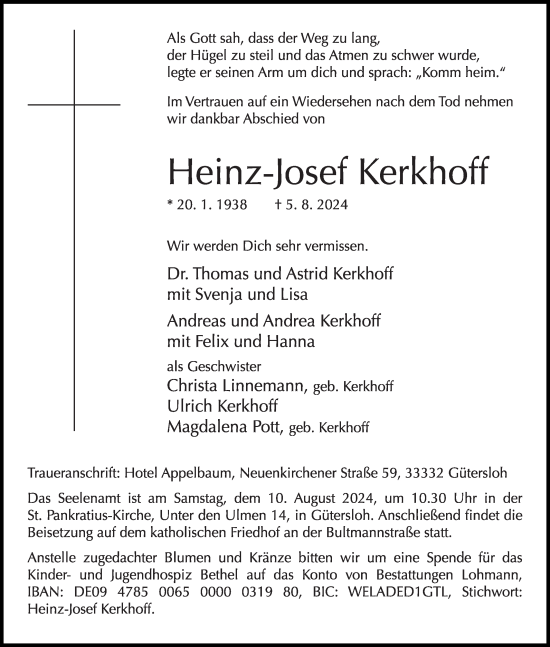 Traueranzeige von Heinz-Josef Kerkhoff von Die Glocke