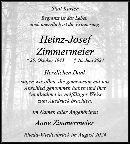 Traueranzeige von Heinz-Josef Zimmermeier von Die Glocke