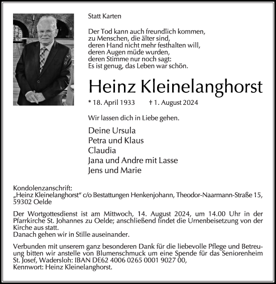 Traueranzeige von Heinz Kleinelanghorst von Die Glocke