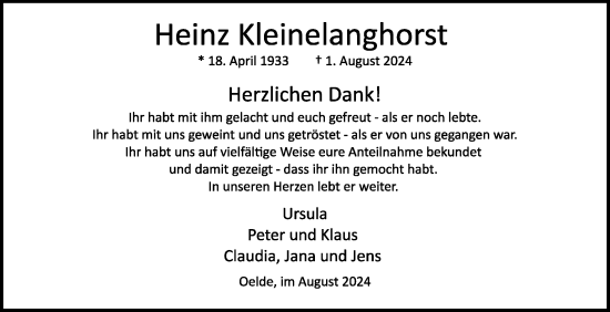 Traueranzeige von Heinz Kleinelanghorst von Die Glocke