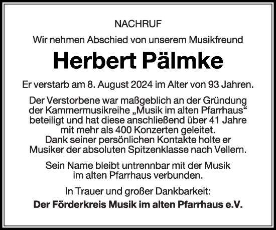 Traueranzeige von Herbert Pälmke von Die Glocke