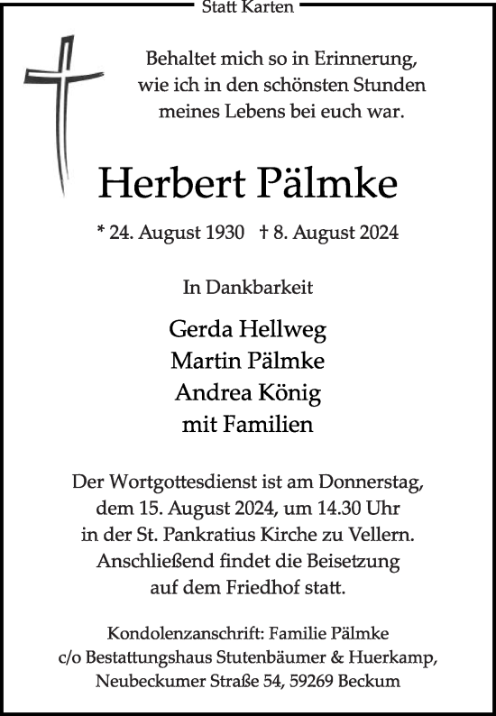 Traueranzeige von Herbert Pälmke von Die Glocke