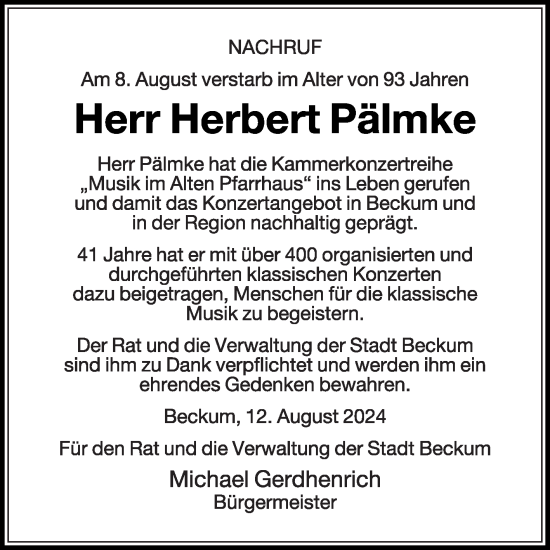 Traueranzeige von Herbert Pälmke von Die Glocke