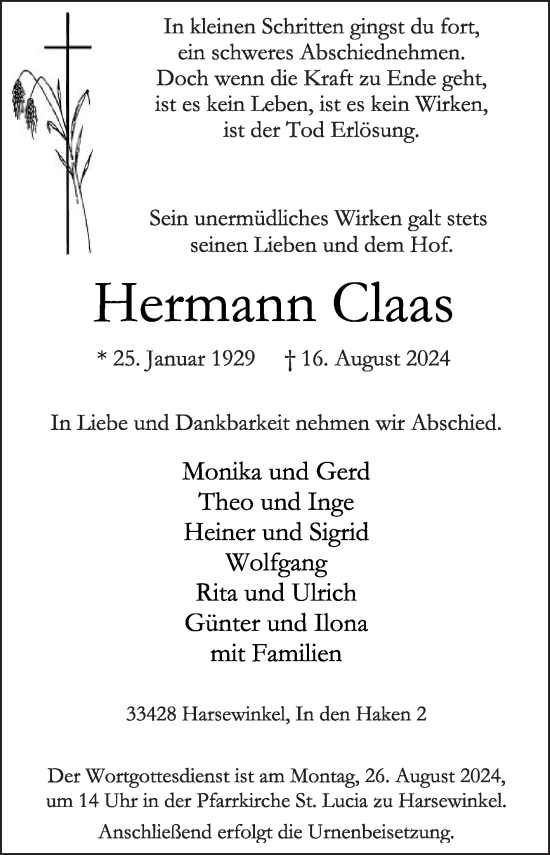 Traueranzeige von Hermann Claas von Die Glocke