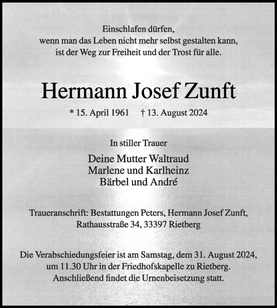 Traueranzeige von Hermann Josef Zunft von Die Glocke